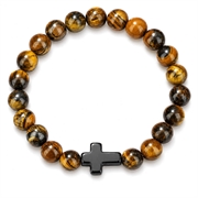 Armbånd af tigerøje med hematit kors. Elastisk. 70 mm